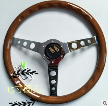 高档实木楠木改装车方向盘15寸圆孔复古电镀/380mm图3