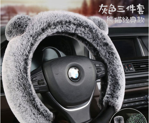 批发新款三件套通用汽车羊毛绒方向盘套冬季獭兔毛把套女保暖防滑图1