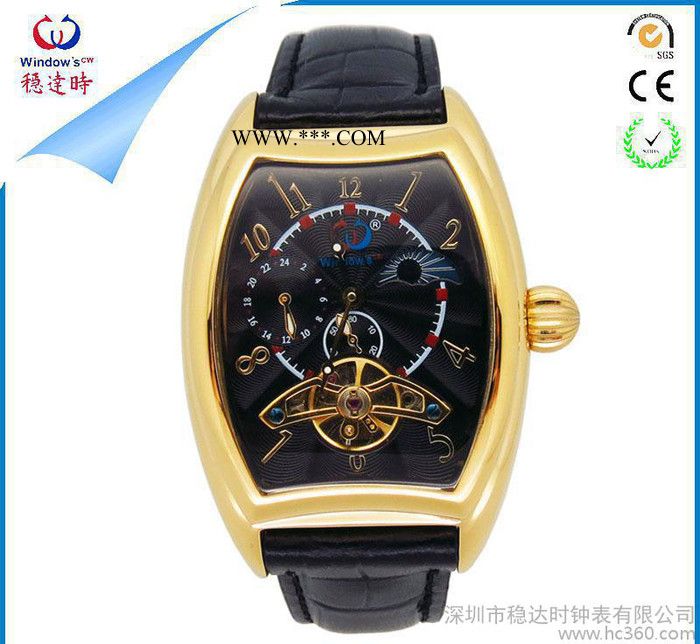 陀飞轮酒桶男士自动机械手表 不锈钢表壳真皮表带图3