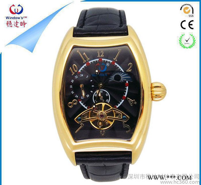 陀飞轮酒桶男士自动机械手表 不锈钢表壳真皮表带图2