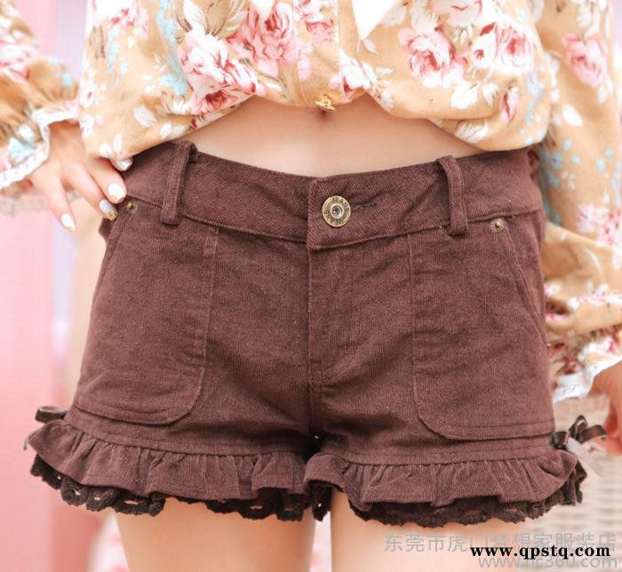 日系女装秋装新款LIZ LISA同款女裤 百搭微喇花边灯芯绒短裤9123图3