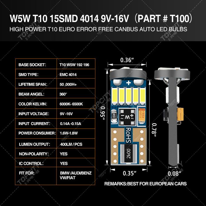 T10 W5W 示宽灯,阅读灯,仪表灯,牌照灯 T10LED