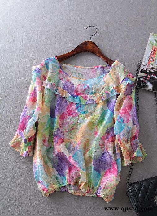 2015夏季新款韩版女装七彩扎染木耳边灯笼袖宽松天丝棉短袖衬图2
