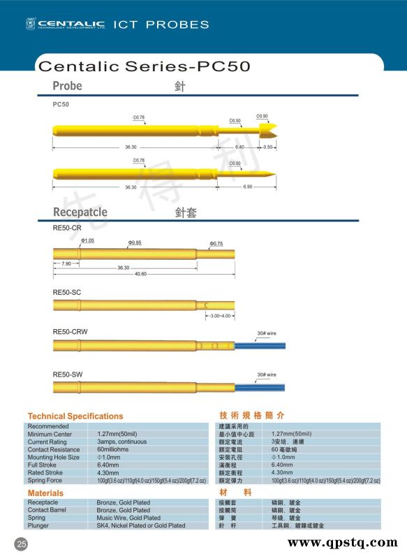 先得利PC50系列测试夹具探针 镀金弹簧ict治具探针图2